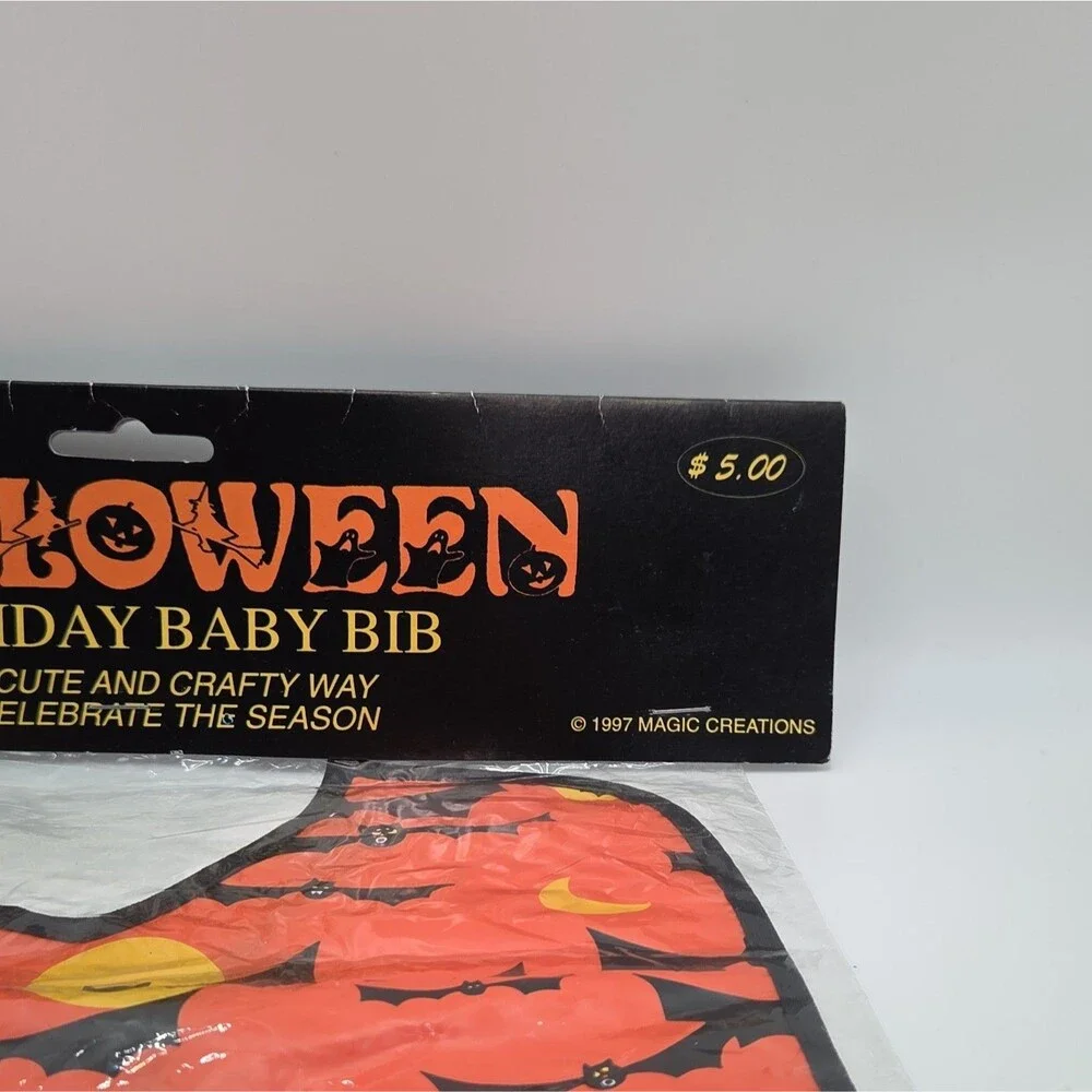 Vintage Halloween Baby Bib Orange Black Bats Yellow Moon 90s Toddler New Sealed